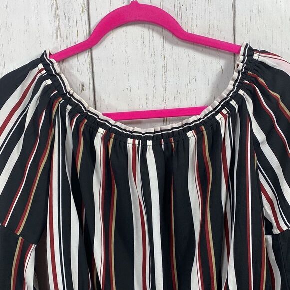Guess Striped Off The Shoulder Bell Sleeve Blouse - Picture 12 of 16